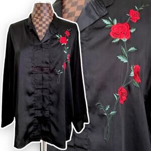 Vtg Black Satin Inner Most Nightgown Large Tunic Blouse Top Robe Lingerie Kimono